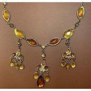 Boho Necklace Colored Rhinestones Gold Tone With Brown Amber Accents